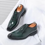 British Style Point-toe Men's Business Leather Shoes Fashion Lace-up Shoes Formal Dress Shoes Men Office Gentleman Shoes Green - Image 2