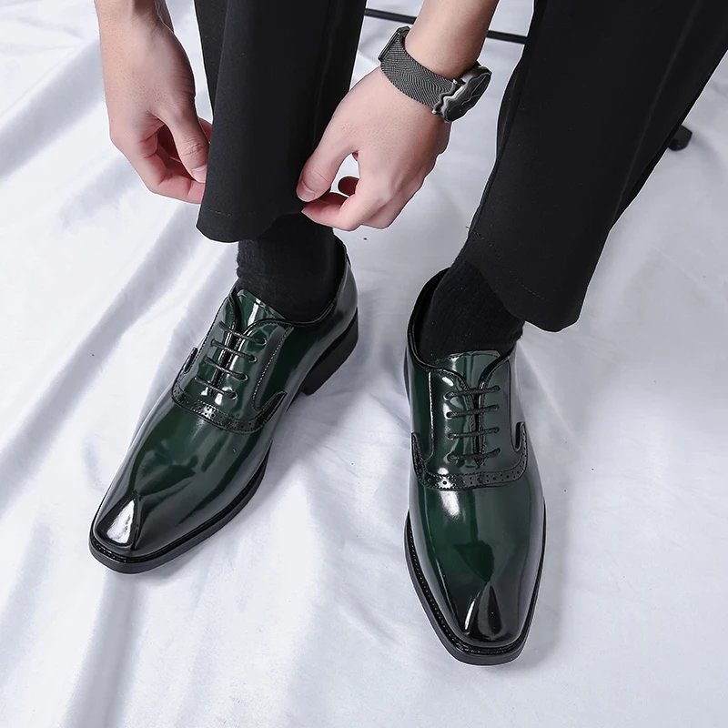 British Style Point-toe Men's Business Leather Shoes Fashion Lace-up Shoes Formal Dress Shoes Men Office Gentleman Shoes Green