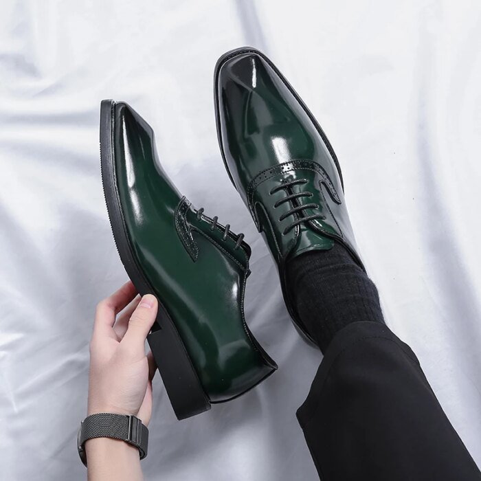 British Style Point-toe Men's Business Leather Shoes Fashion Lace-up Shoes Formal Dress Shoes Men Office Gentleman Shoes Green - Image 5