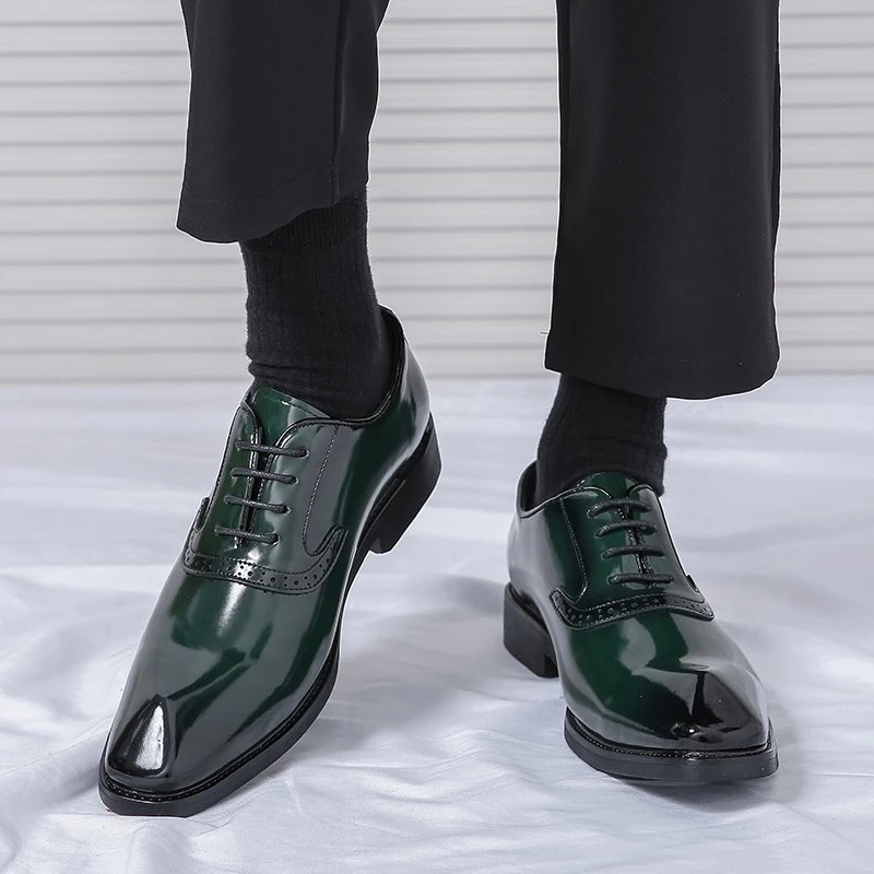 British Style Point-toe Men's Business Leather Shoes Fashion Lace-up Shoes Formal Dress Shoes Men Office Gentleman Shoes Green