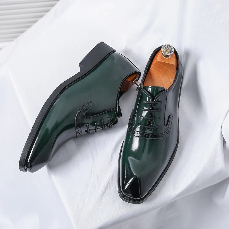 British Style Point-toe Men's Business Leather Shoes Fashion Lace-up Shoes Formal Dress Shoes Men Office Gentleman Shoes Green