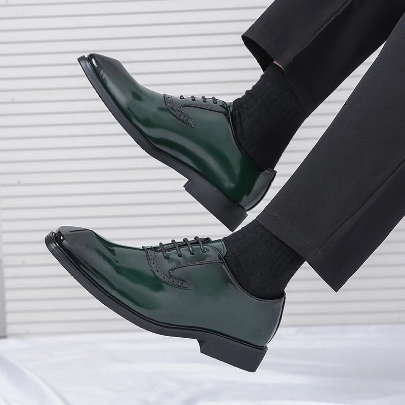 British Style Point-toe Men's Business Leather Shoes Fashion Lace-up Shoes Formal Dress Shoes Men Office Gentleman Shoes Green