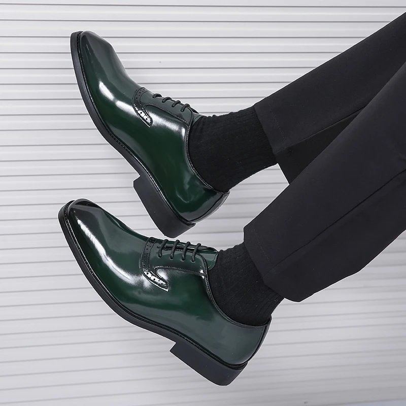 British Style Point-toe Men's Business Leather Shoes Fashion Lace-up Shoes Formal Dress Shoes Men Office Gentleman Shoes Green