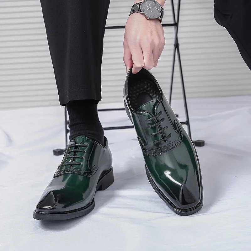 British Style Point-toe Men's Business Leather Shoes Fashion Lace-up Shoes Formal Dress Shoes Men Office Gentleman Shoes Green