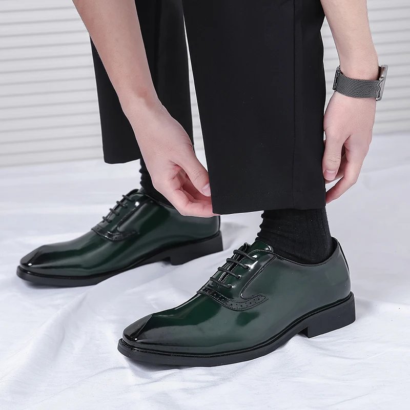 British Style Point-toe Men's Business Leather Shoes Fashion Lace-up Shoes Formal Dress Shoes Men Office Gentleman Shoes Green