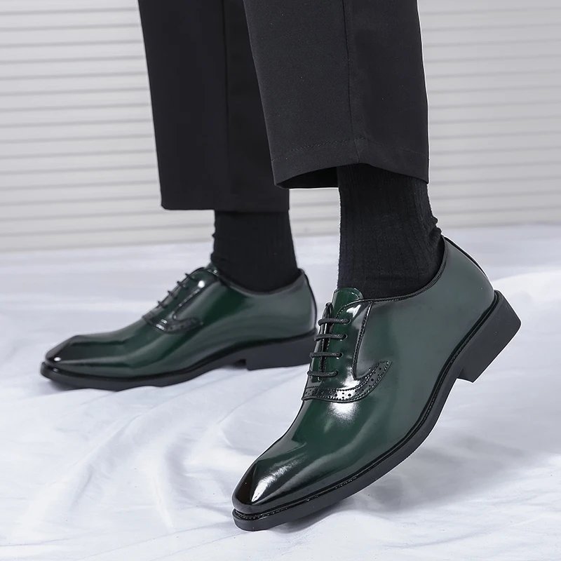 British Style Point-toe Men's Business Leather Shoes Fashion Lace-up Shoes Formal Dress Shoes Men Office Gentleman Shoes Green