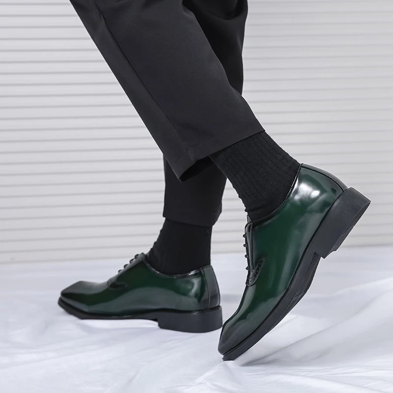 British Style Point-toe Men's Business Leather Shoes Fashion Lace-up Shoes Formal Dress Shoes Men Office Gentleman Shoes Green