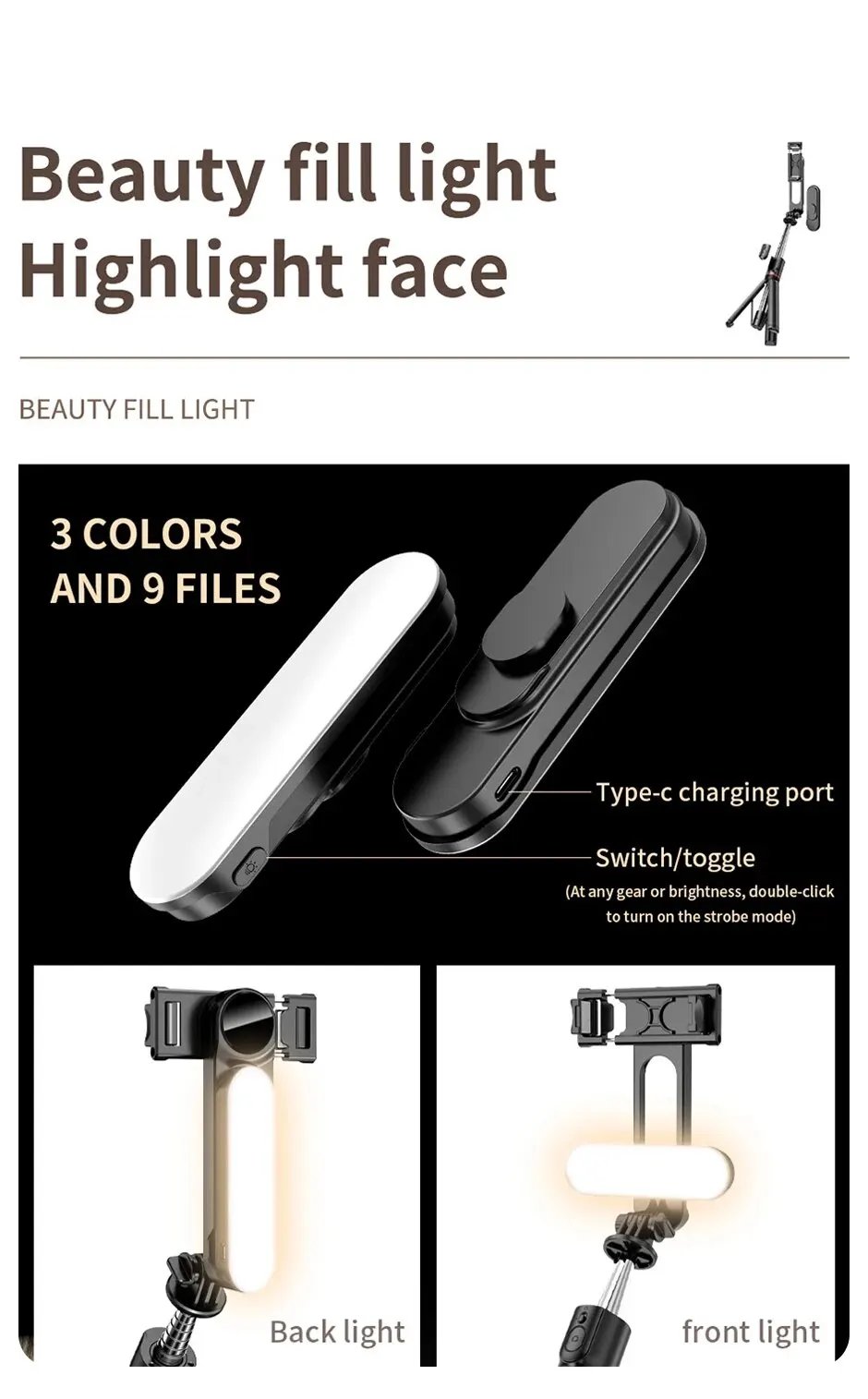 Portable Bluetooth Selfie Stick Phone Tripod with LED Selfie Light Extendable Tripod Stand 360 Rotation Compatible with iPhone