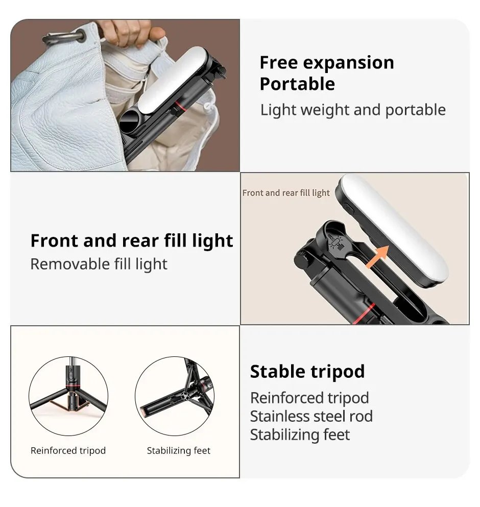 Portable Bluetooth Selfie Stick Phone Tripod with LED Selfie Light Extendable Tripod Stand 360 Rotation Compatible with iPhone