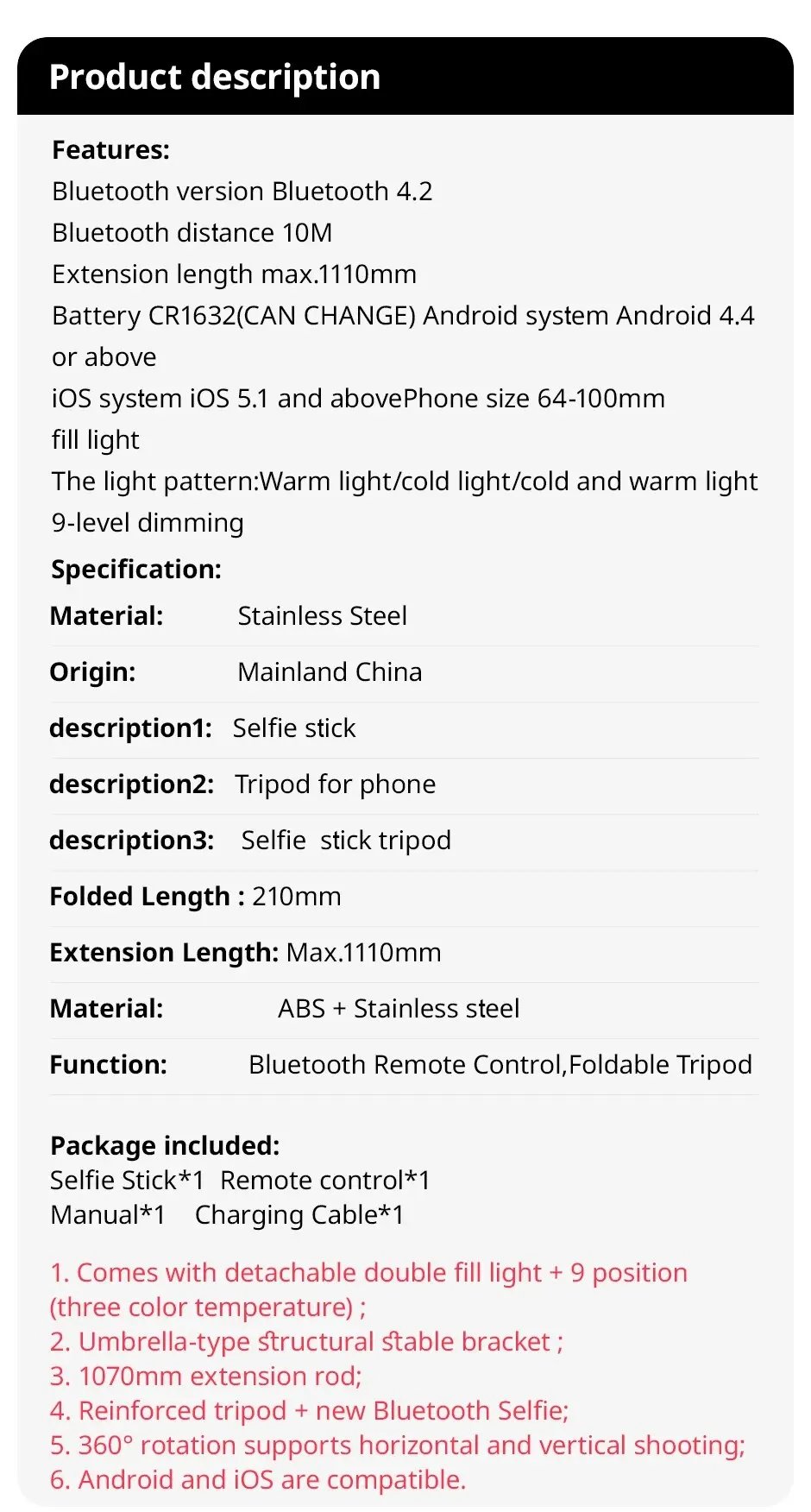 Portable Bluetooth Selfie Stick Phone Tripod with LED Selfie Light Extendable Tripod Stand 360 Rotation Compatible with iPhone