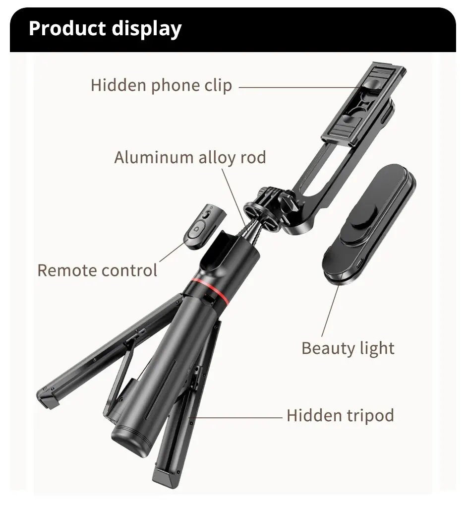 Portable Bluetooth Selfie Stick Phone Tripod with LED Selfie Light Extendable Tripod Stand 360 Rotation Compatible with iPhone