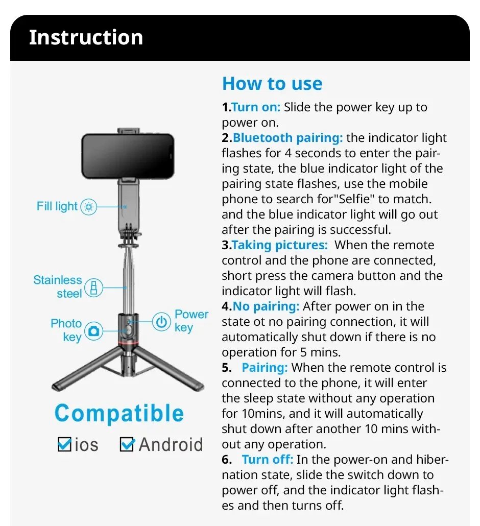 Portable Bluetooth Selfie Stick Phone Tripod with LED Selfie Light Extendable Tripod Stand 360 Rotation Compatible with iPhone