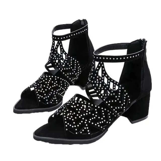 2022 New Style Women Summer Hollow Out Faux Leather Rhinestones Thick Heel Zipper Sandals Shoes Eur 35-41