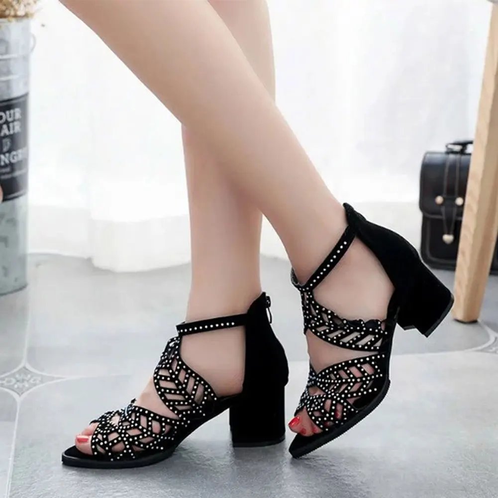 2022 New Style Women Summer Hollow Out Faux Leather Rhinestones Thick Heel Zipper Sandals Shoes Eur 35-41