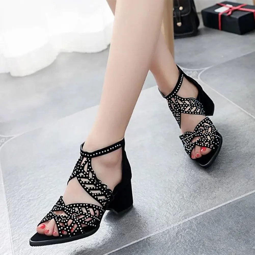 2022 New Style Women Summer Hollow Out Faux Leather Rhinestones Thick Heel Zipper Sandals Shoes Eur 35-41