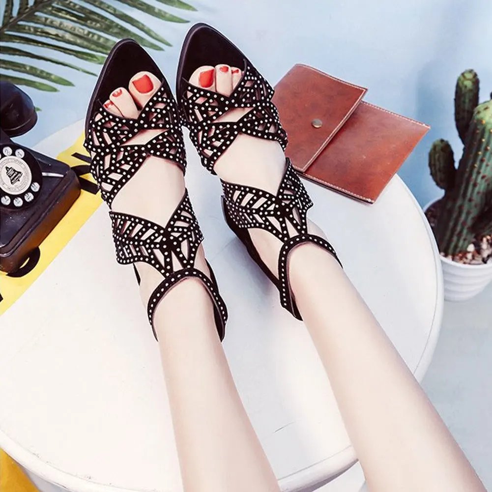 2022 New Style Women Summer Hollow Out Faux Leather Rhinestones Thick Heel Zipper Sandals Shoes Eur 35-41