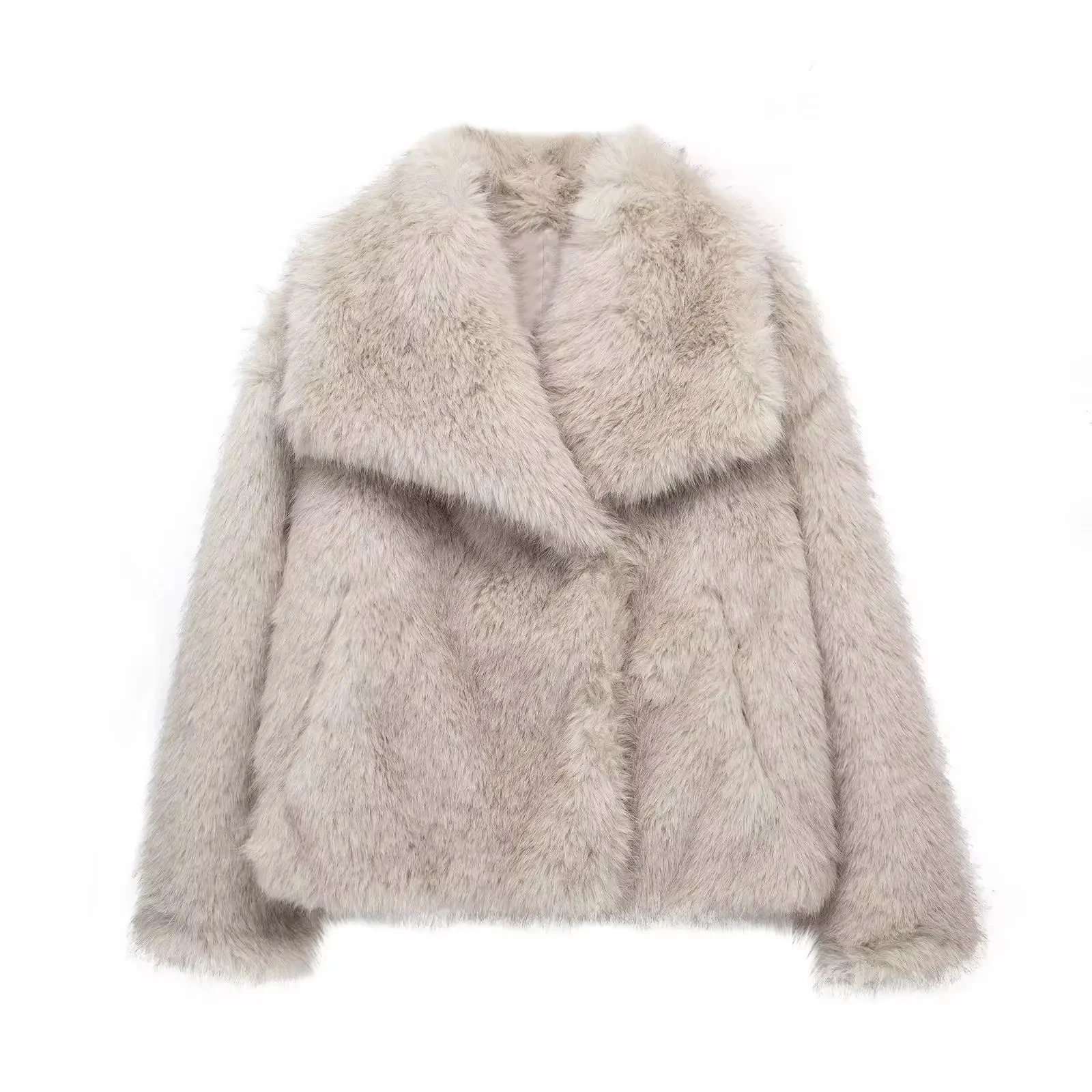 TRAF 2024 Women Fashion Cropped Faux Fur Jacket Coat Long Sleeve Front Snap-button Female Outerwear Chic Lapel Collar Thick Coat TRAF 2024 Women Fashion Cropped Faux Fur Jacket Coat Long Sleeve Front Snap-button Female Outerwear Chic Lapel Collar Thick Coat