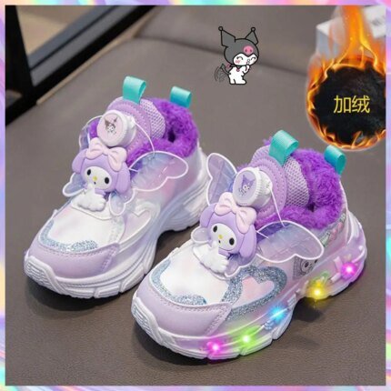 New Winter Kids Girls Casual Sneakers Plush Warm Kuromi Melody Sanrios Kawaii Cute Light Up Tennis Princess Running Light Shoes