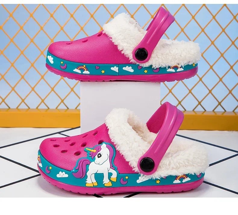 Winter Cotton Shoes for Children Warm Plush Clogs for Kids Outdoor Garden Shoes for Boys Girls Soft Comfortable Home Slippers
