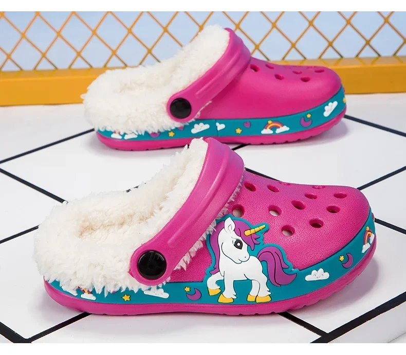 Winter Cotton Shoes for Children Warm Plush Clogs for Kids Outdoor Garden Shoes for Boys Girls Soft Comfortable Home Slippers
