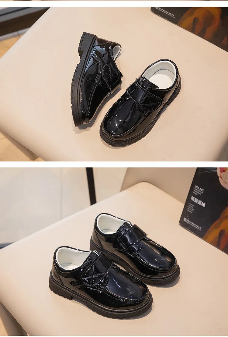 Children Fashion Leather Shoes Boys 2023 Hook & Loop Glossy Simple Black Uniform School Shoes Loafers Kids Shoes Free Shipping