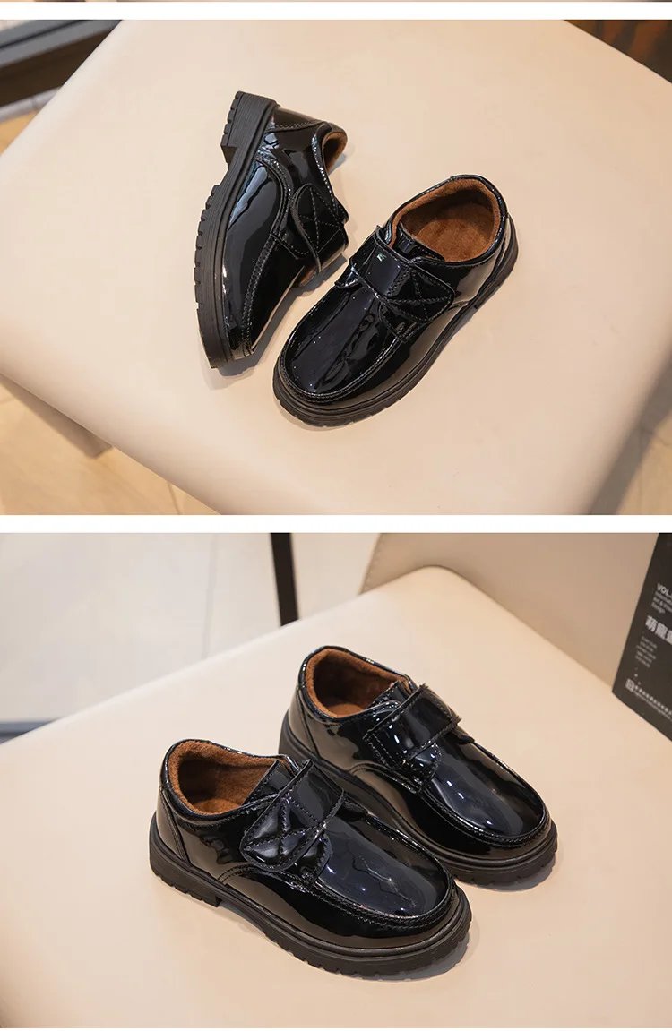 Children Fashion Leather Shoes Boys 2023 Hook & Loop Glossy Simple Black Uniform School Shoes Loafers Kids Shoes Free Shipping