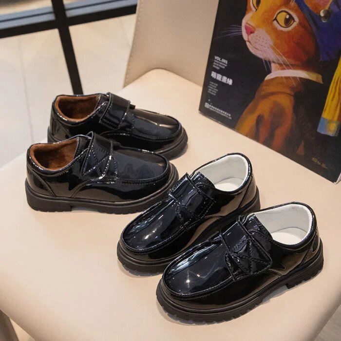 Children Fashion Leather Shoes Boys 2023 Hook & Loop Glossy Simple Black Uniform School Shoes Loafers Kids Shoes Free Shipping - Image 2