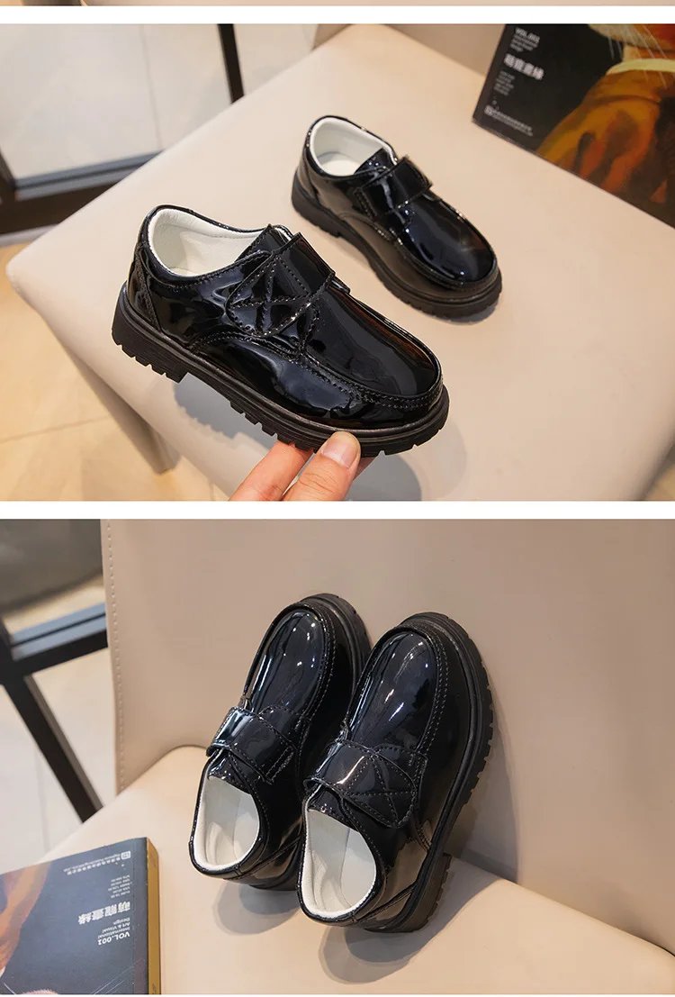 Children Fashion Leather Shoes Boys 2023 Hook & Loop Glossy Simple Black Uniform School Shoes Loafers Kids Shoes Free Shipping