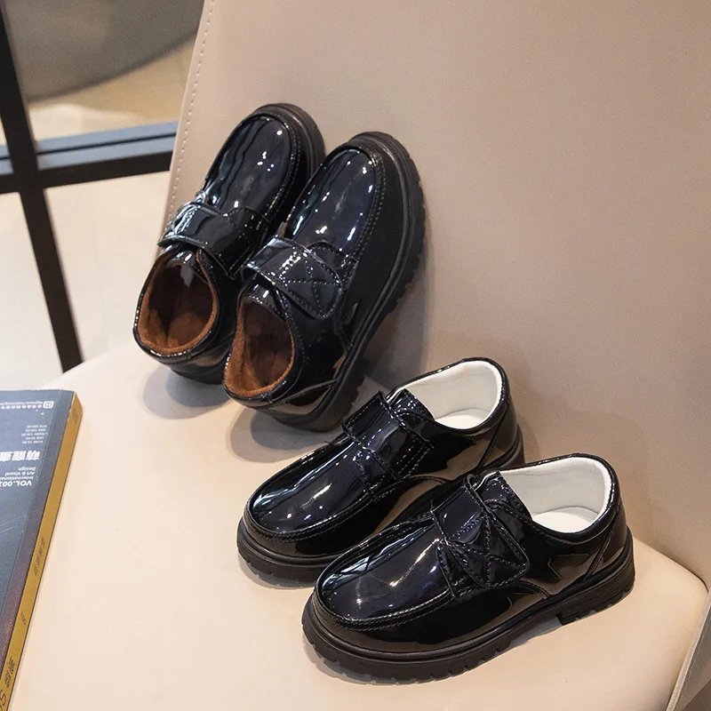 Children Fashion Leather Shoes Boys 2023 Hook & Loop Glossy Simple Black Uniform School Shoes Loafers Kids Shoes Free Shipping