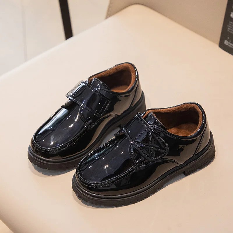 Children Fashion Leather Shoes Boys 2023 Hook & Loop Glossy Simple Black Uniform School Shoes Loafers Kids Shoes Free Shipping
