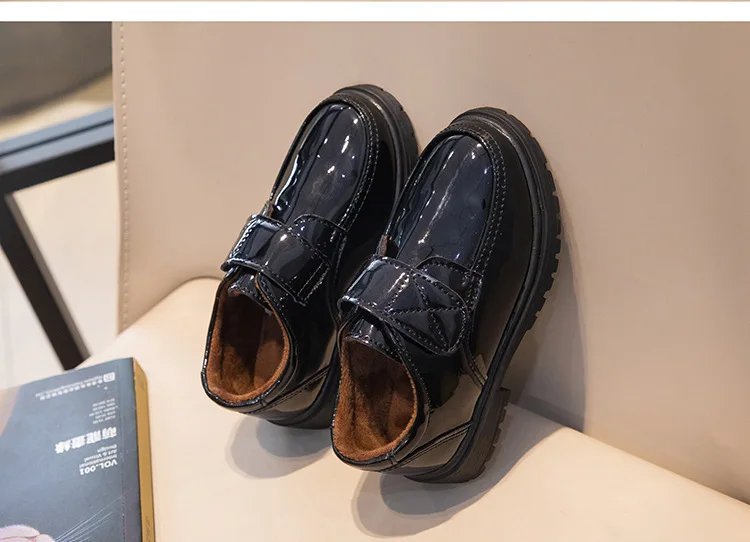 Children Fashion Leather Shoes Boys 2023 Hook & Loop Glossy Simple Black Uniform School Shoes Loafers Kids Shoes Free Shipping