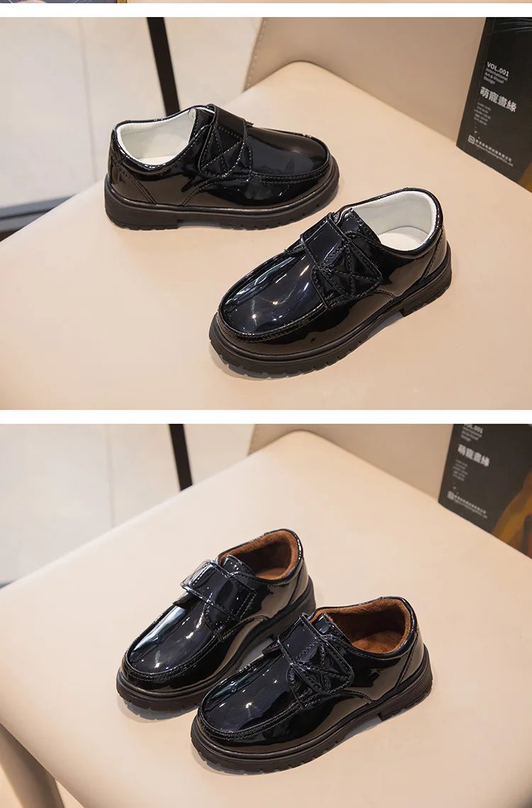 Children Fashion Leather Shoes Boys 2023 Hook & Loop Glossy Simple Black Uniform School Shoes Loafers Kids Shoes Free Shipping
