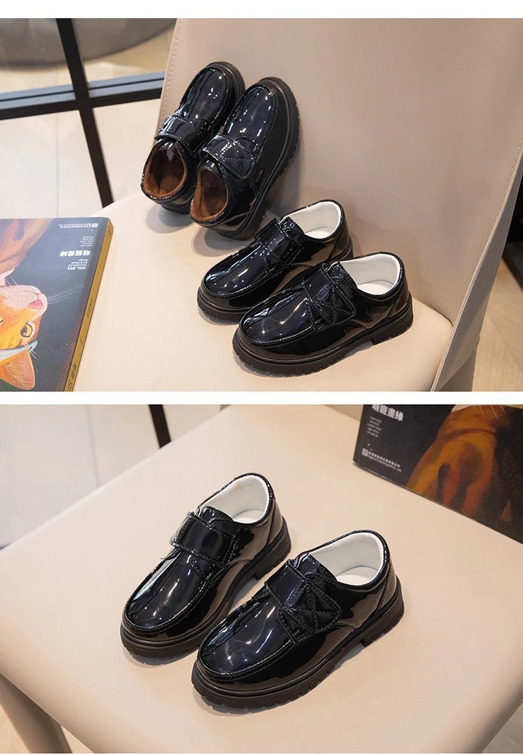 Children Fashion Leather Shoes Boys 2023 Hook & Loop Glossy Simple Black Uniform School Shoes Loafers Kids Shoes Free Shipping