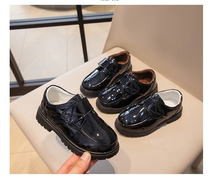 Children Fashion Leather Shoes Boys 2023 Hook & Loop Glossy Simple Black Uniform School Shoes Loafers Kids Shoes Free Shipping
