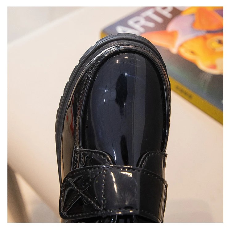 Children Fashion Leather Shoes Boys 2023 Hook & Loop Glossy Simple Black Uniform School Shoes Loafers Kids Shoes Free Shipping