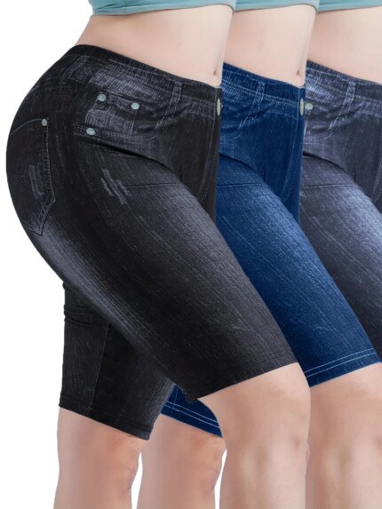 3-Piece Set Of Women's Jeggings Shorts Imitation Denim Simple Comfortable High Waisted Elastic Tight Denim Shorts And Leggings