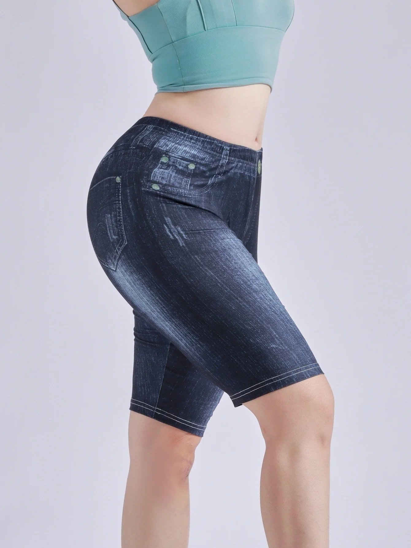 3-Piece Set Of Women's Jeggings Shorts Imitation Denim Simple Comfortable High Waisted Elastic Tight Denim Shorts And Leggings