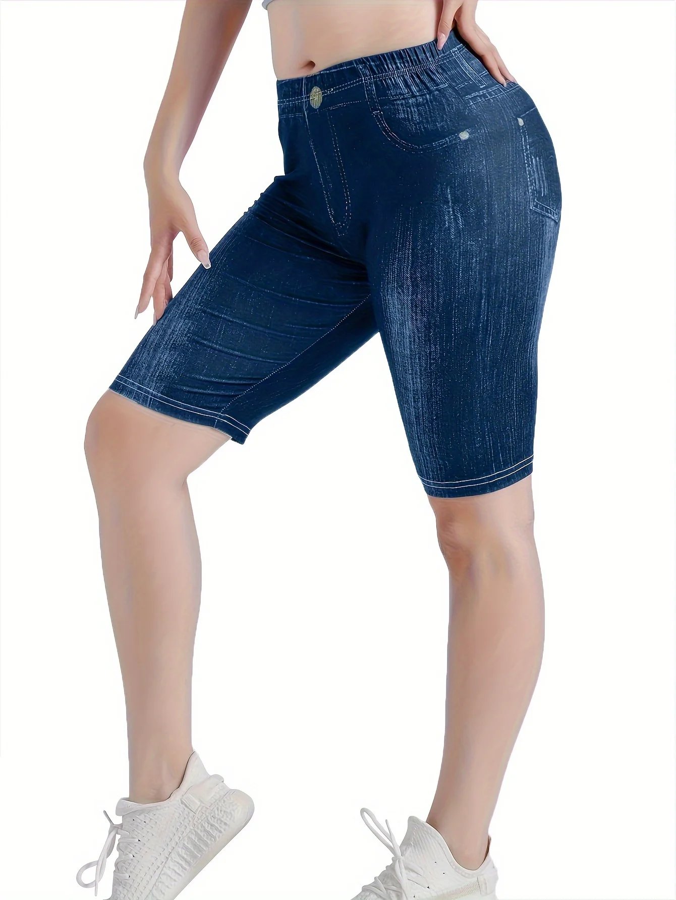 3-Piece Set Of Women's Jeggings Shorts Imitation Denim Simple Comfortable High Waisted Elastic Tight Denim Shorts And Leggings