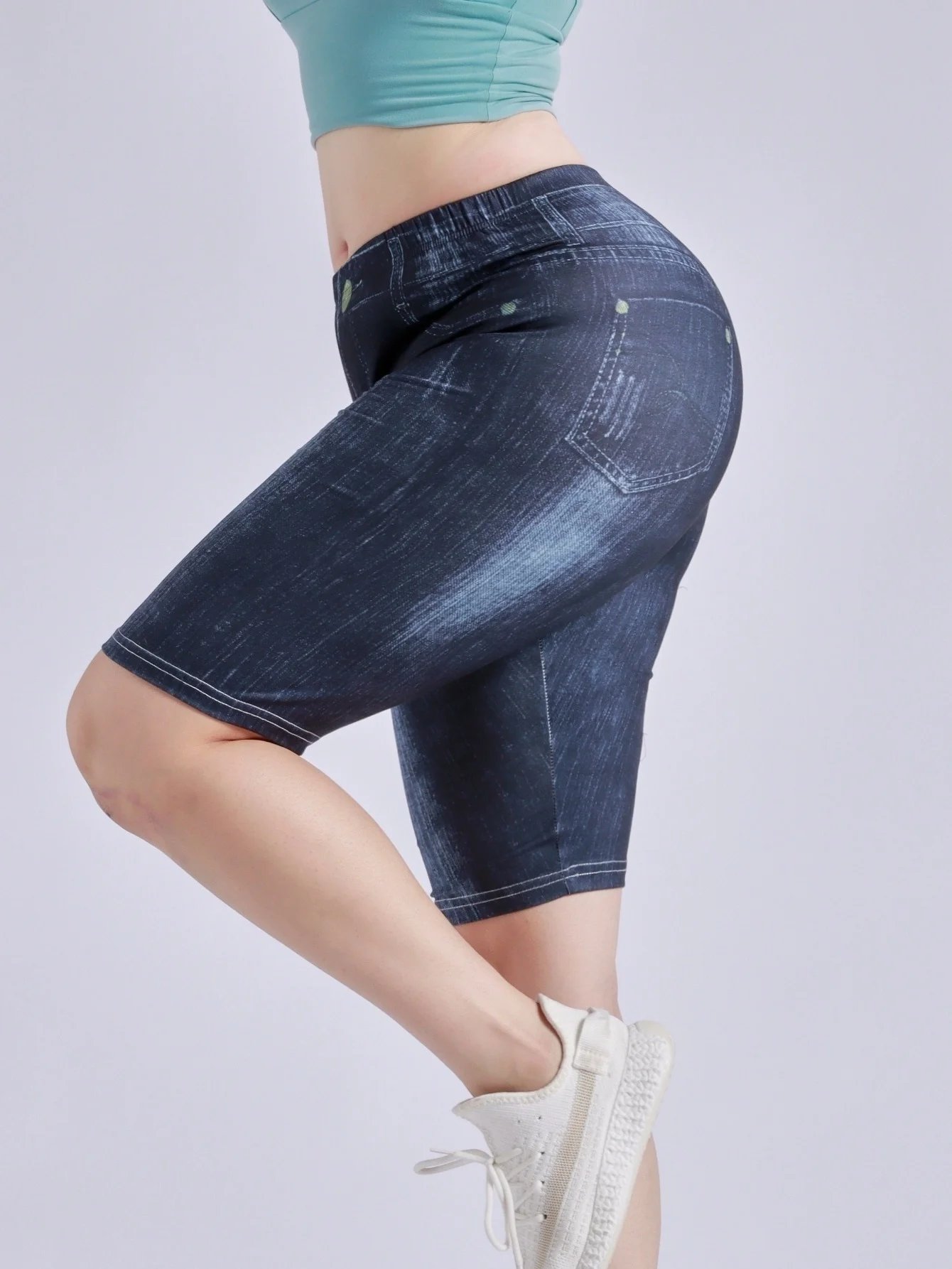3-Piece Set Of Women's Jeggings Shorts Imitation Denim Simple Comfortable High Waisted Elastic Tight Denim Shorts And Leggings