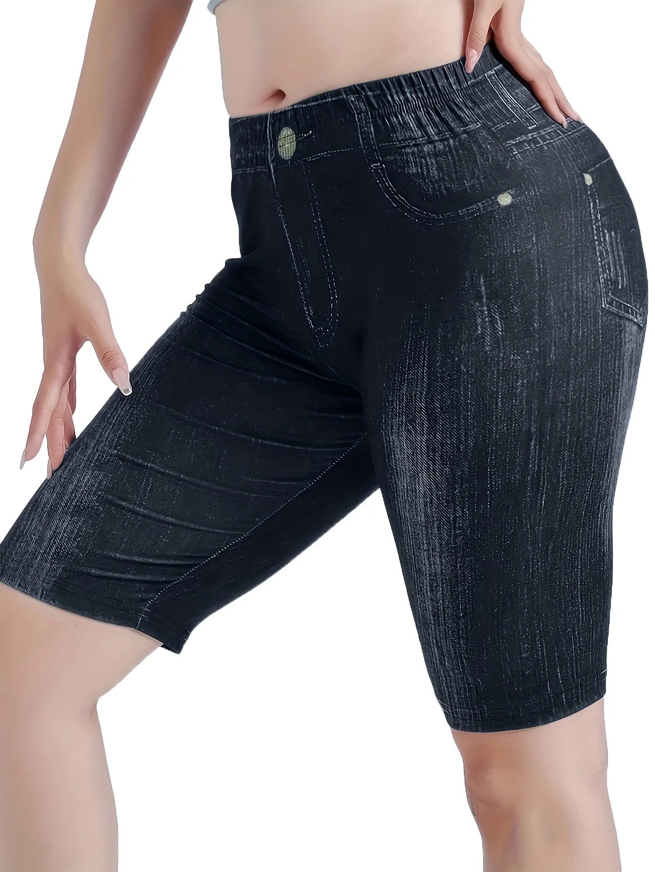 3-Piece Set Of Women's Jeggings Shorts Imitation Denim Simple Comfortable High Waisted Elastic Tight Denim Shorts And Leggings