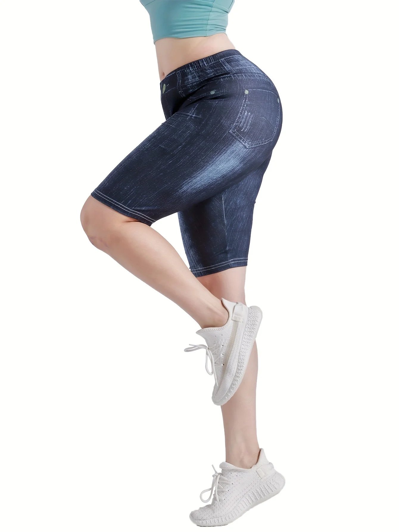 3-Piece Set Of Women's Jeggings Shorts Imitation Denim Simple Comfortable High Waisted Elastic Tight Denim Shorts And Leggings