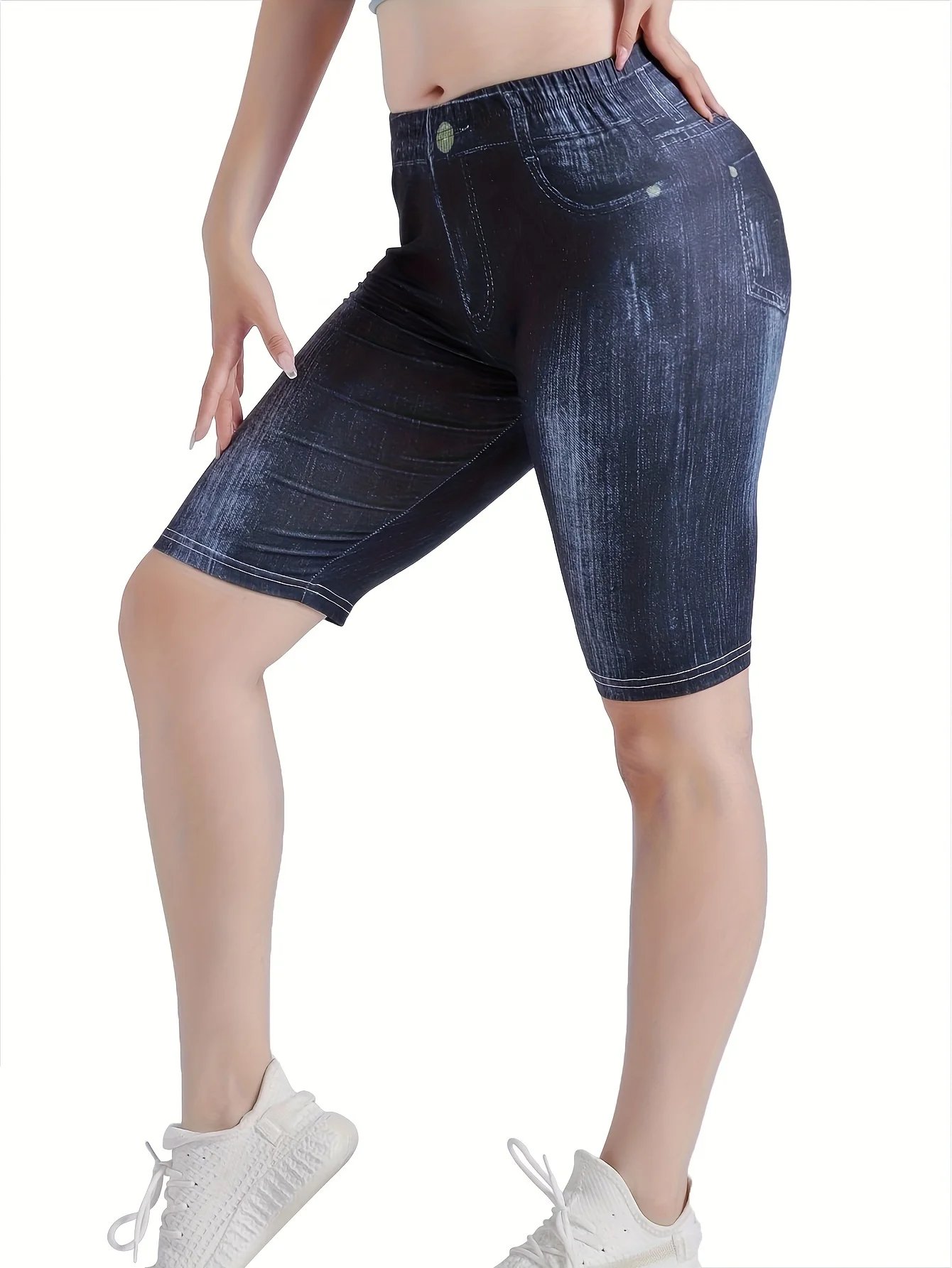 3-Piece Set Of Women's Jeggings Shorts Imitation Denim Simple Comfortable High Waisted Elastic Tight Denim Shorts And Leggings