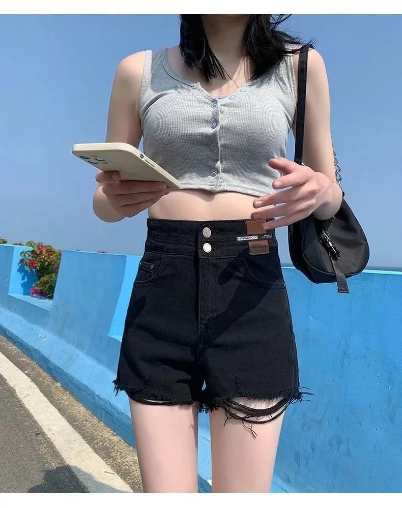 Feynzz Fashion New Summer Women High Waist Button Wigh Leg Jeans Shorts Casual Female Loose Fit Blue Denim Shorts