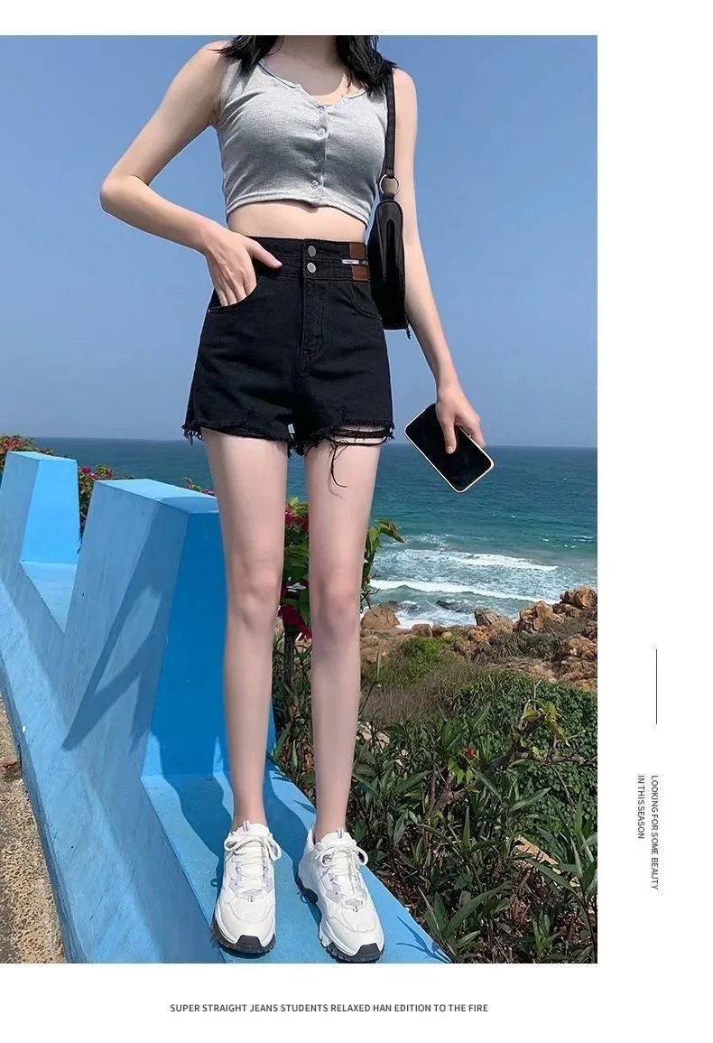Feynzz Fashion New Summer Women High Waist Button Wigh Leg Jeans Shorts Casual Female Loose Fit Blue Denim Shorts