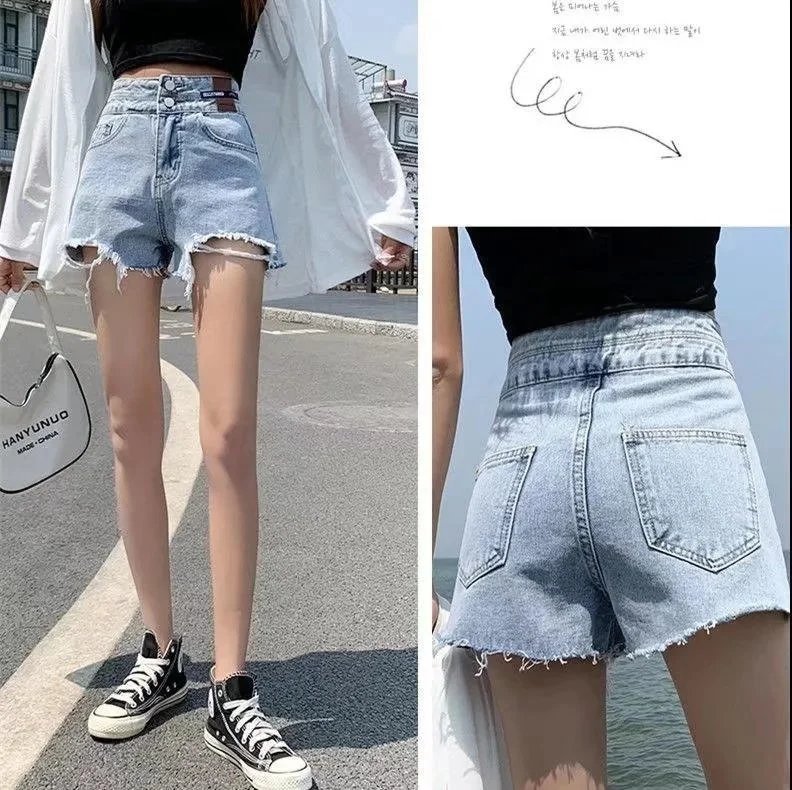 Feynzz Fashion New Summer Women High Waist Button Wigh Leg Jeans Shorts Casual Female Loose Fit Blue Denim Shorts