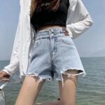 Feynzz Fashion New Summer Women High Waist Button Wigh Leg Jeans Shorts Casual Female Loose Fit Blue Denim Shorts - Image 5