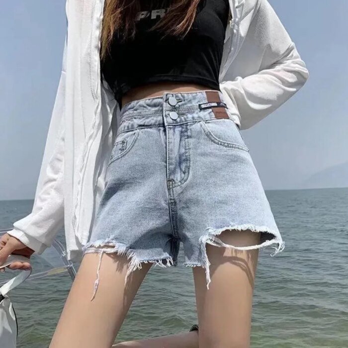 Feynzz Fashion New Summer Women High Waist Button Wigh Leg Jeans Shorts Casual Female Loose Fit Blue Denim Shorts - Image 5