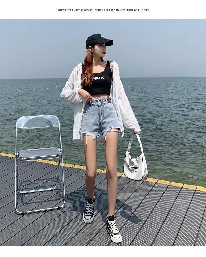 Feynzz Fashion New Summer Women High Waist Button Wigh Leg Jeans Shorts Casual Female Loose Fit Blue Denim Shorts