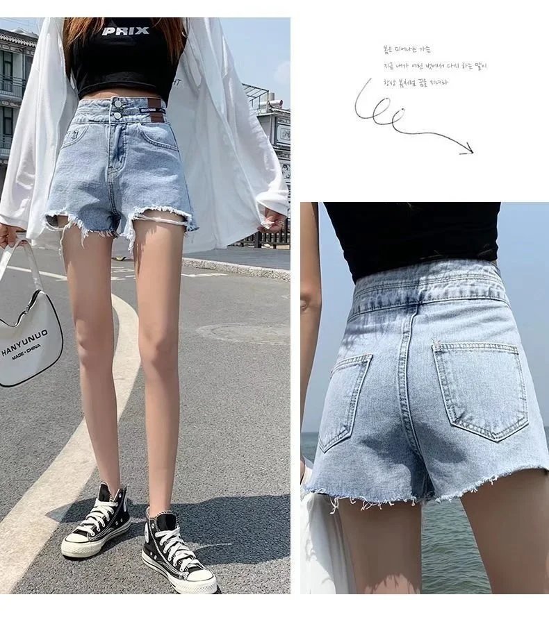 Feynzz Fashion New Summer Women High Waist Button Wigh Leg Jeans Shorts Casual Female Loose Fit Blue Denim Shorts
