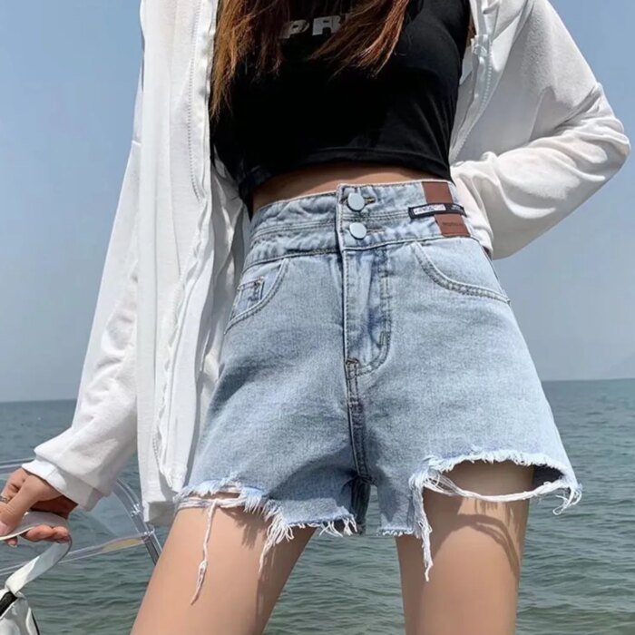 Feynzz Fashion New Summer Women High Waist Button Wigh Leg Jeans Shorts Casual Female Loose Fit Blue Denim Shorts - Image 6